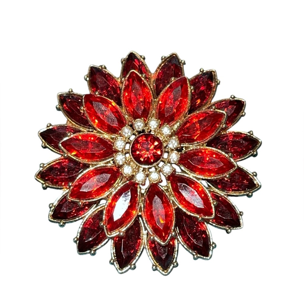 Vintage Jaclyn Smith Red Rhinestone Starburst Brooch, 2.5" Diameter